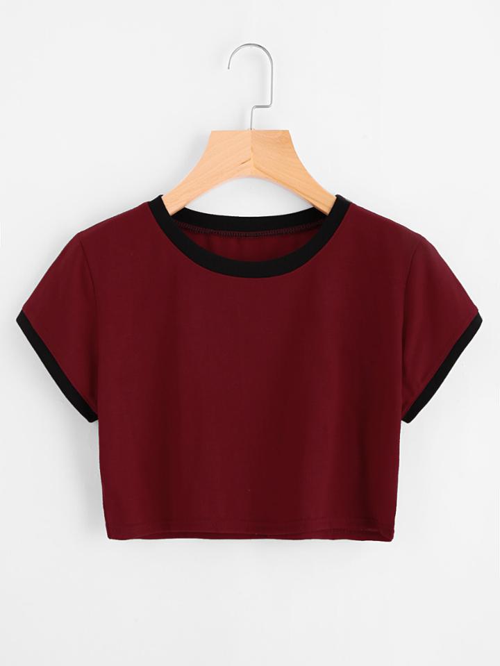 Romwe Contrast Trim Crop Tee