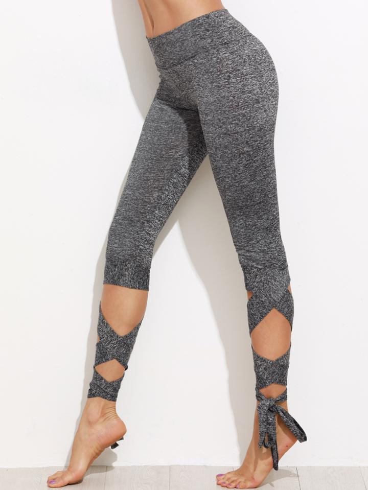 Romwe Grey Marled Knit Cropped Tie Leggings