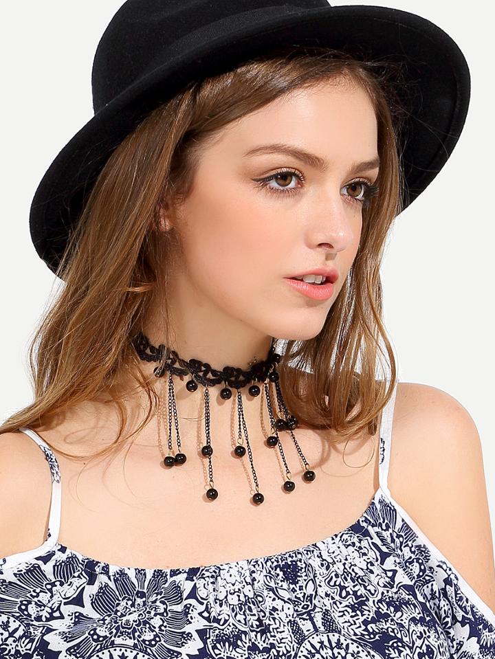 Romwe Black Beaded Tassel Pendant Lace Choker Necklace