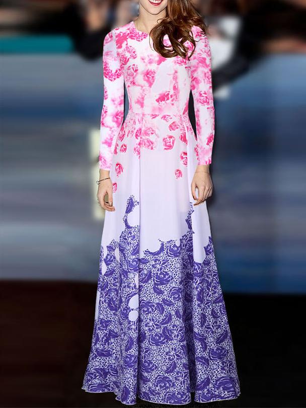 Romwe Long Sleeve Florals Chiffon Maxi Dress
