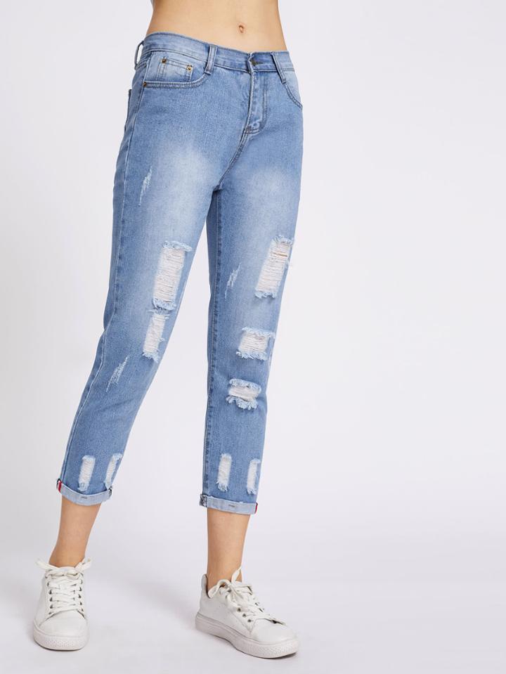 Romwe Ripped Cuffed Cropped Jeans