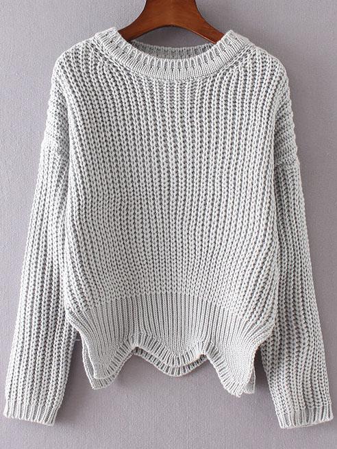 Romwe Grey Ribbed Trim Drop Shoulder Asymmetrical Hem Knitwear