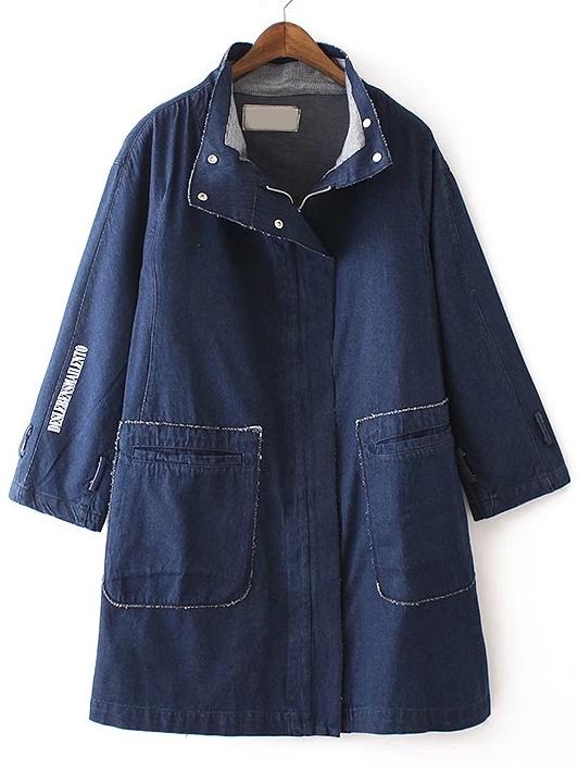 Romwe Letters Print Pockets Denim Coat