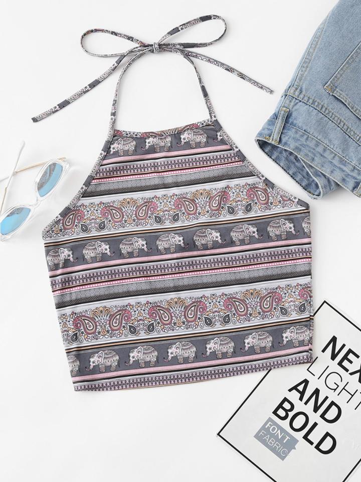 Romwe Mixed Print Crop Halter Top