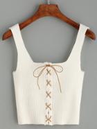 Romwe White Lace Up Ribbed Knit Tank Top