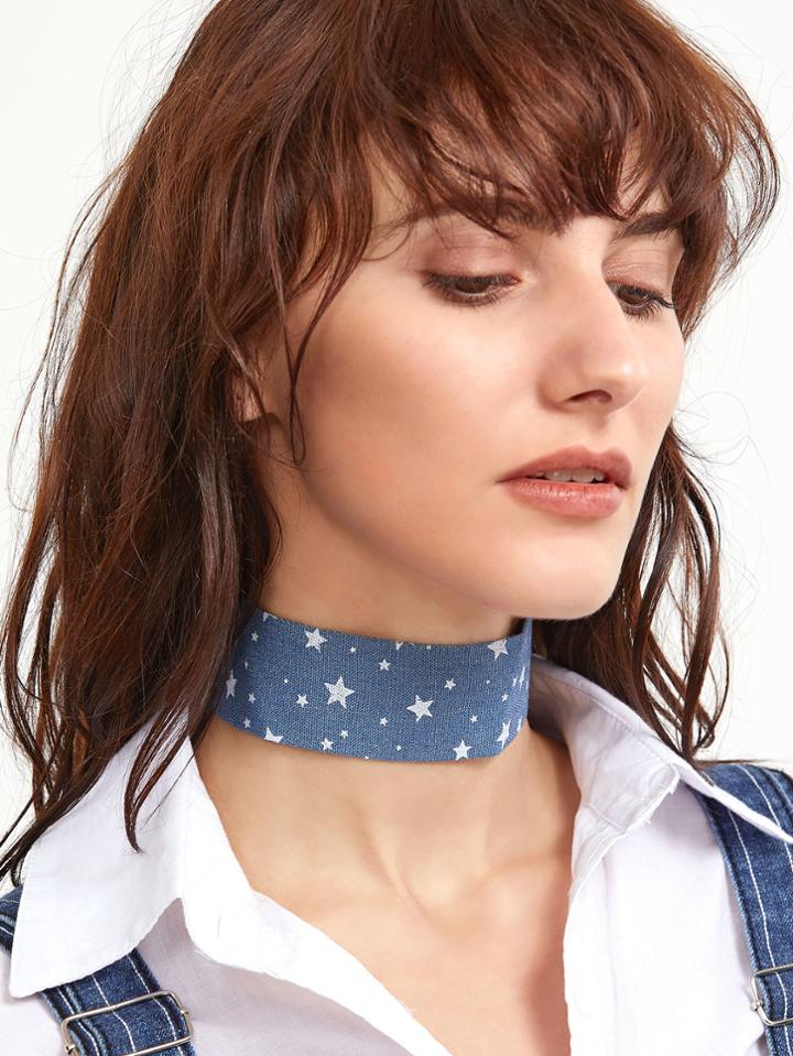 Romwe Blue Star Print Denim Wide Choker