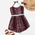 Romwe Leopard Halter Top With Shorts