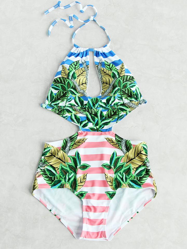 Romwe Jungle & Striped Print Keyhole Monokini