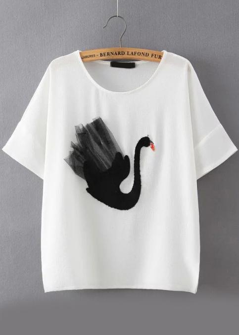 Romwe Swan Print Chiffon Top