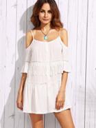 Romwe White Dotted Crochet Insert Cold Shoulder Dress