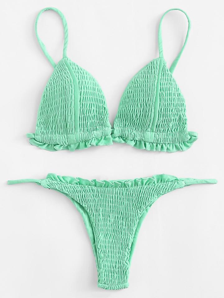 Romwe Shirred Frill Bikini Set
