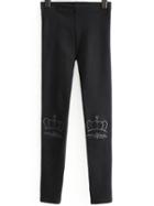 Romwe Black Crown Embroidery Skinny Leggings