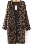 Romwe Long Sleeve Leopard Print Brown Coat