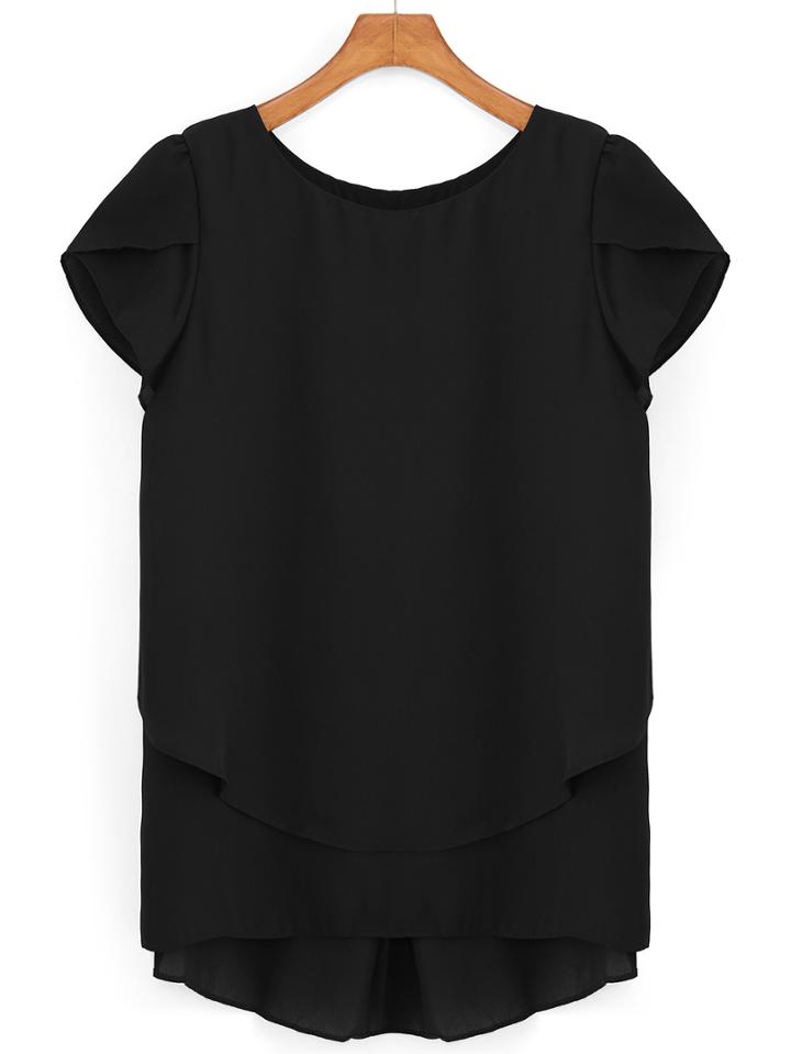 Romwe Round Neck High Low Chiffon Black Blouse