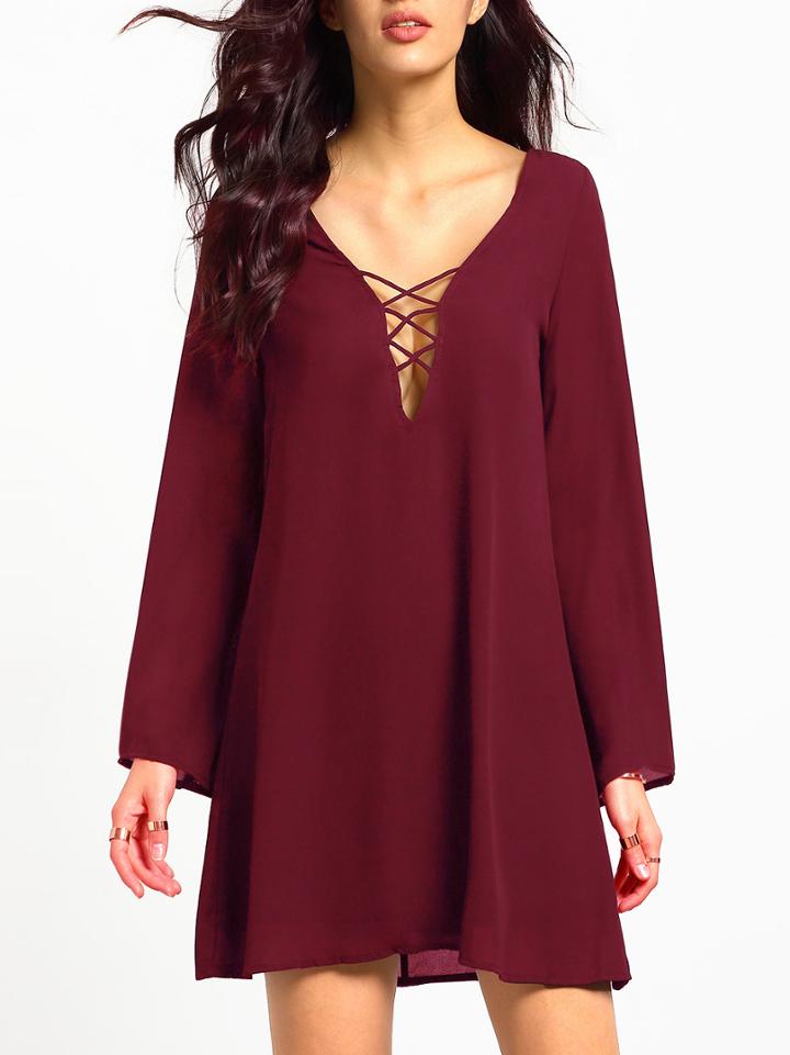 Romwe Burgundy Deep V Neck Shift Dress