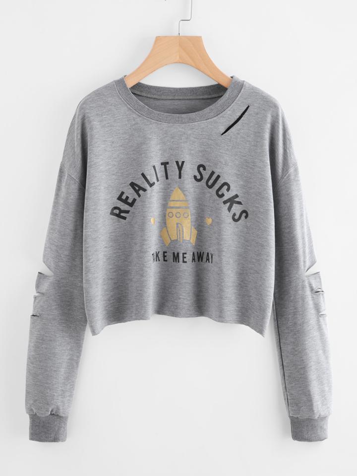 Romwe Ladder Cut Sleeve Letter Print Front Sweatshirt