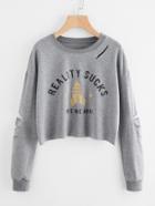 Romwe Ladder Cut Sleeve Letter Print Front Sweatshirt