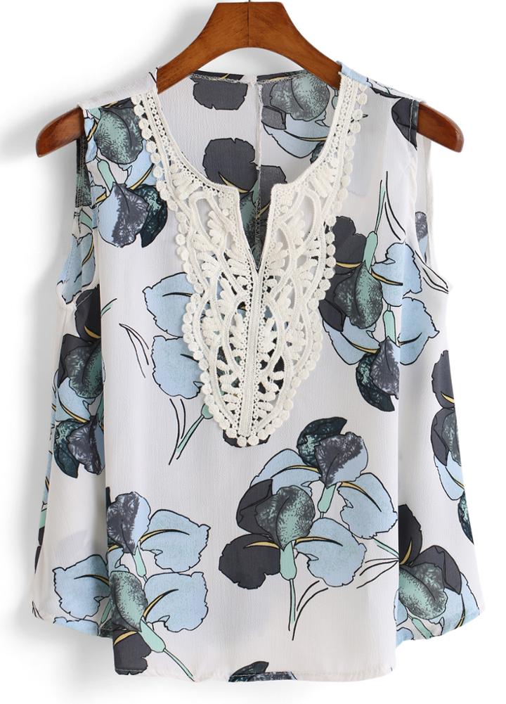 Romwe Contrast Lace Flower Print Tank Top