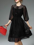 Romwe Black Tie Neck Embroidered Drawstring Dress