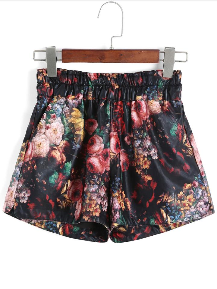 Romwe Elastic Waist Florals Pu Shorts