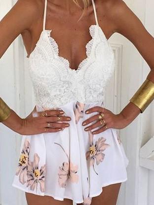 Romwe Lace Cami Top Flower Print Wide Leg Romper