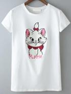 Romwe Cat Pattern Loose White T-shirt