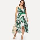 Romwe Plus Tropic Print Dip Hem Dress