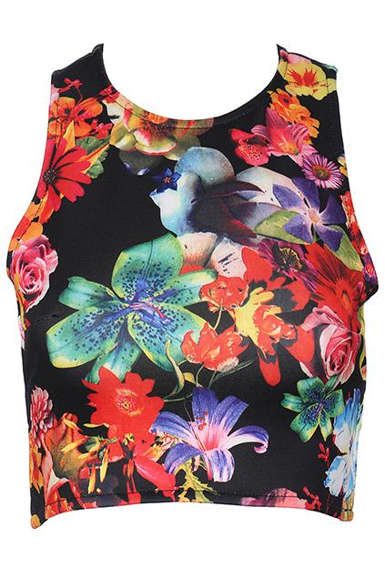 Romwe Flower Print Cropped Black Vest