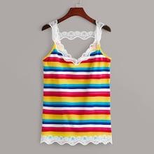 Romwe Colorful Striped Contrast Lace Tank Top