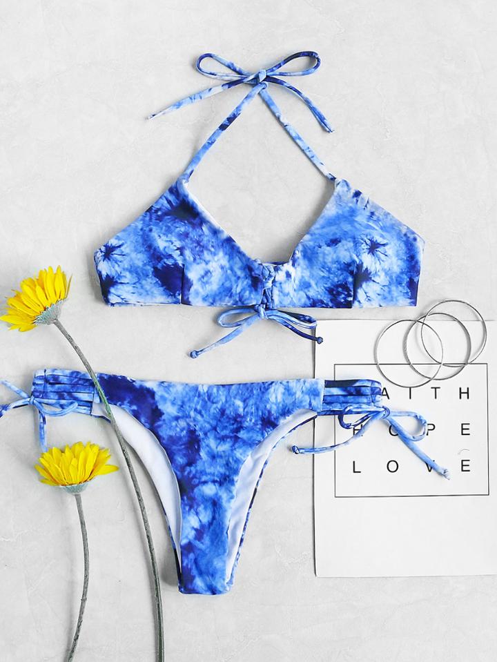 Romwe Tie Dye Print Lace Up Halter Bikini Set