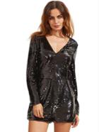 Romwe Black Long Sleeve Deep V Neck Sequined Romper