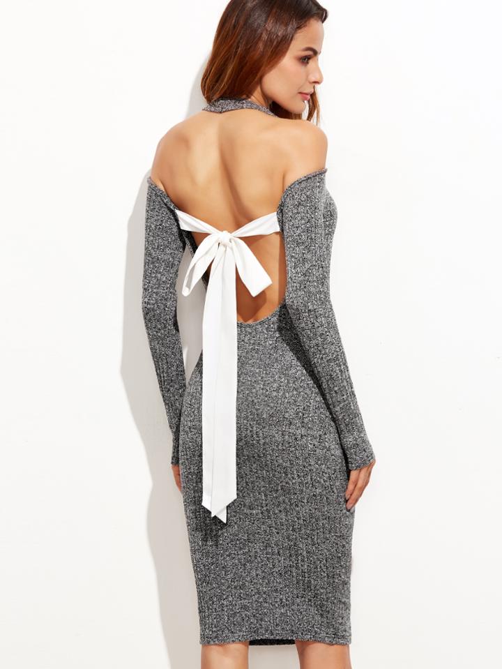 Romwe Contrast Bow Tie Open Back Space Dye Dress