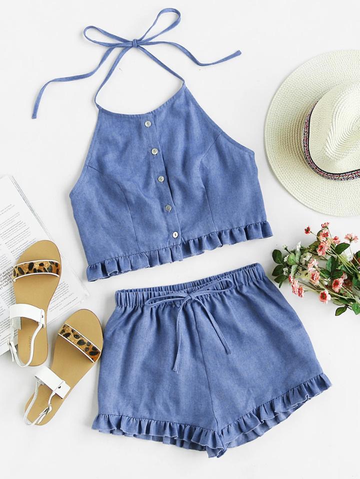 Romwe Buttoned Front Princess Seam Halter Top And Shorts Set