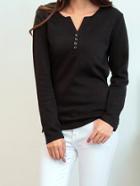Romwe V Neck Buttons Black T-shirt
