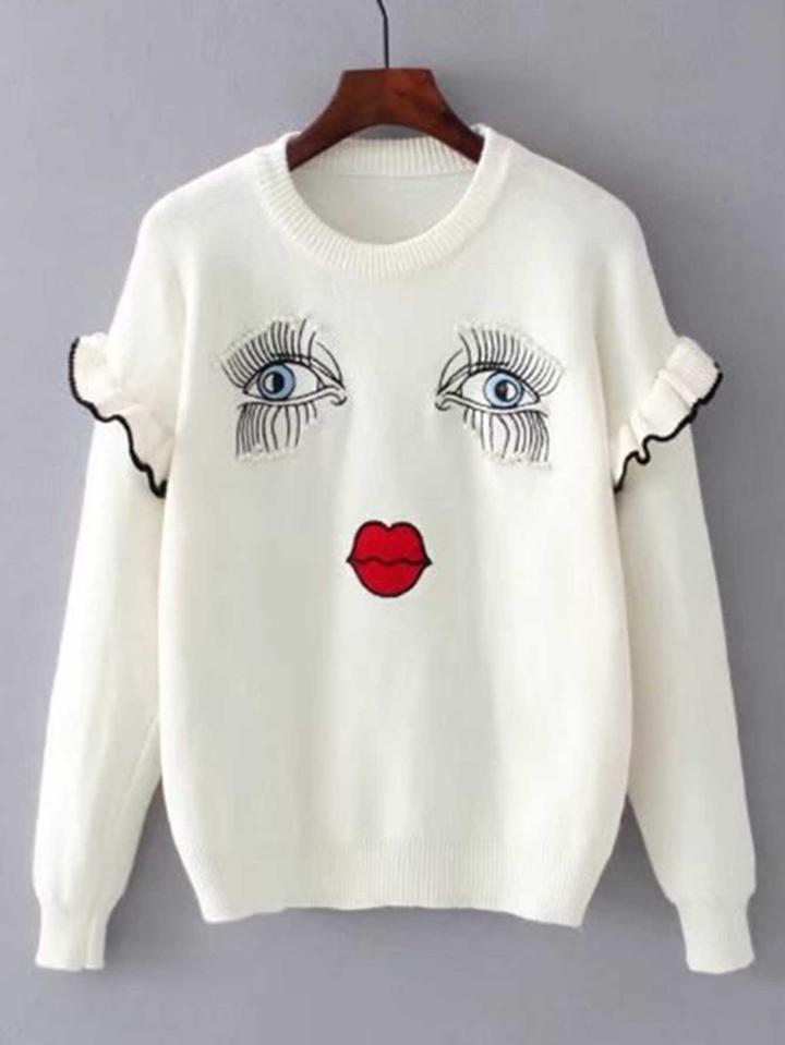Romwe Eye Embroidery Ruffle Detail Sweater