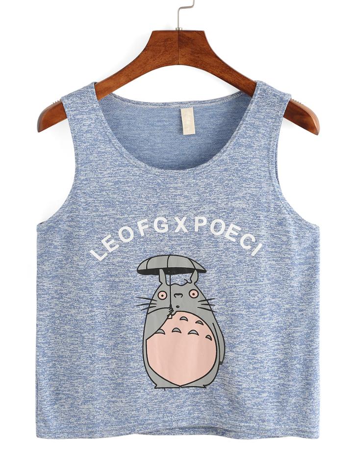 Romwe Cartoon Print Blue Tank Top