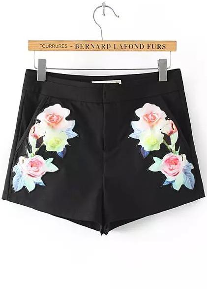 Romwe Black Embroidered Straight Shorts