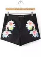 Romwe Black Embroidered Straight Shorts