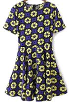 Romwe Short Sleeve Flower Print Pleated Dress