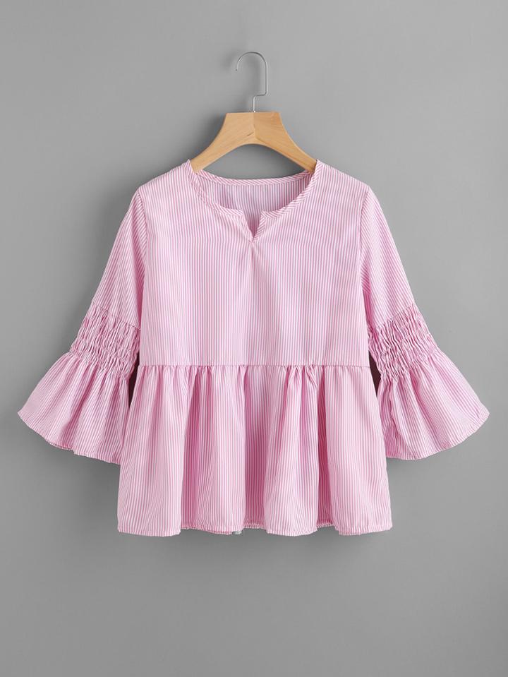 Romwe Fluted Sleeved Vertical Striped V Cut Frill Blouse
