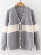 Romwe Grey Color Block Raglan Sleeve Button Up Sweater Coat