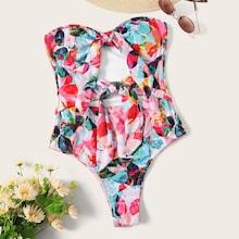 Romwe Random Watercolor Print Cut-out Knot Front One Piece Swim
