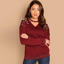 Romwe V-cut Neck Pearl Beading Detail Pullover