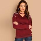 Romwe V-cut Neck Pearl Beading Detail Pullover