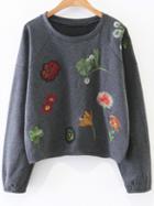 Romwe Dark Grey Floral Embroidery Casual Sweatshirt