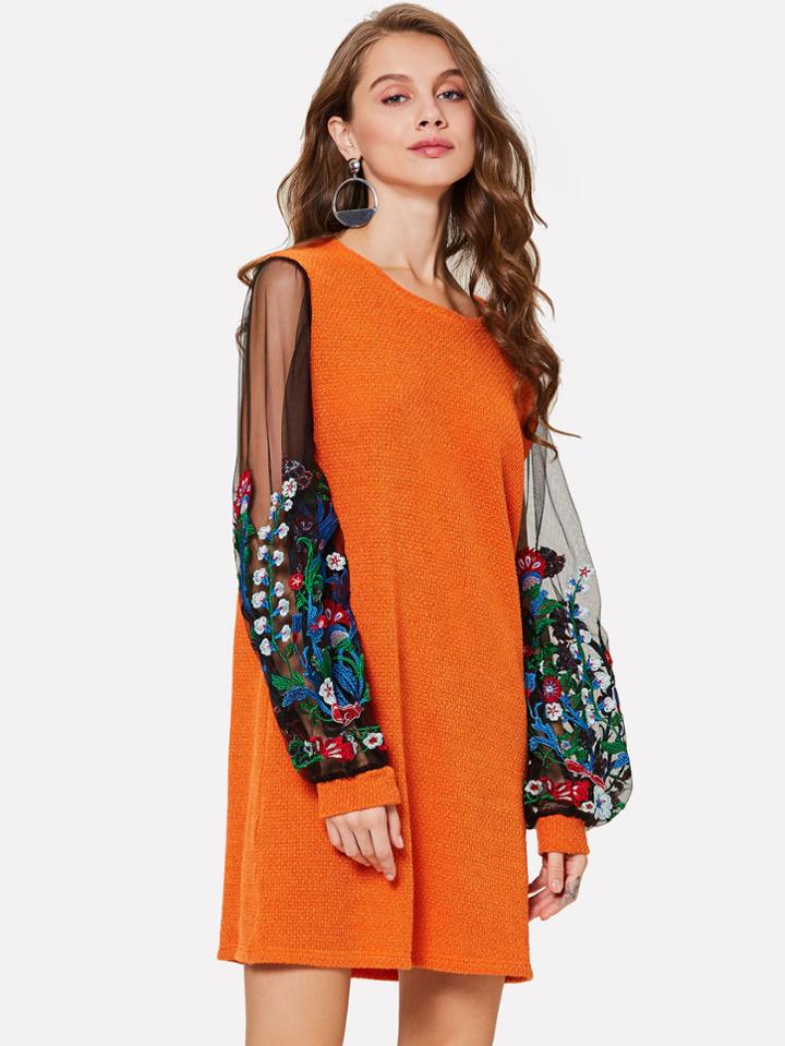 Romwe Contrast Embroidered Mesh Sleeve Knit Dress