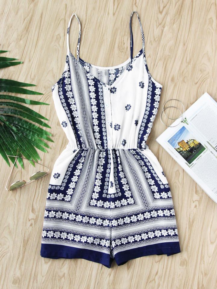 Romwe V Neckline Floral Print Random Cami Romper