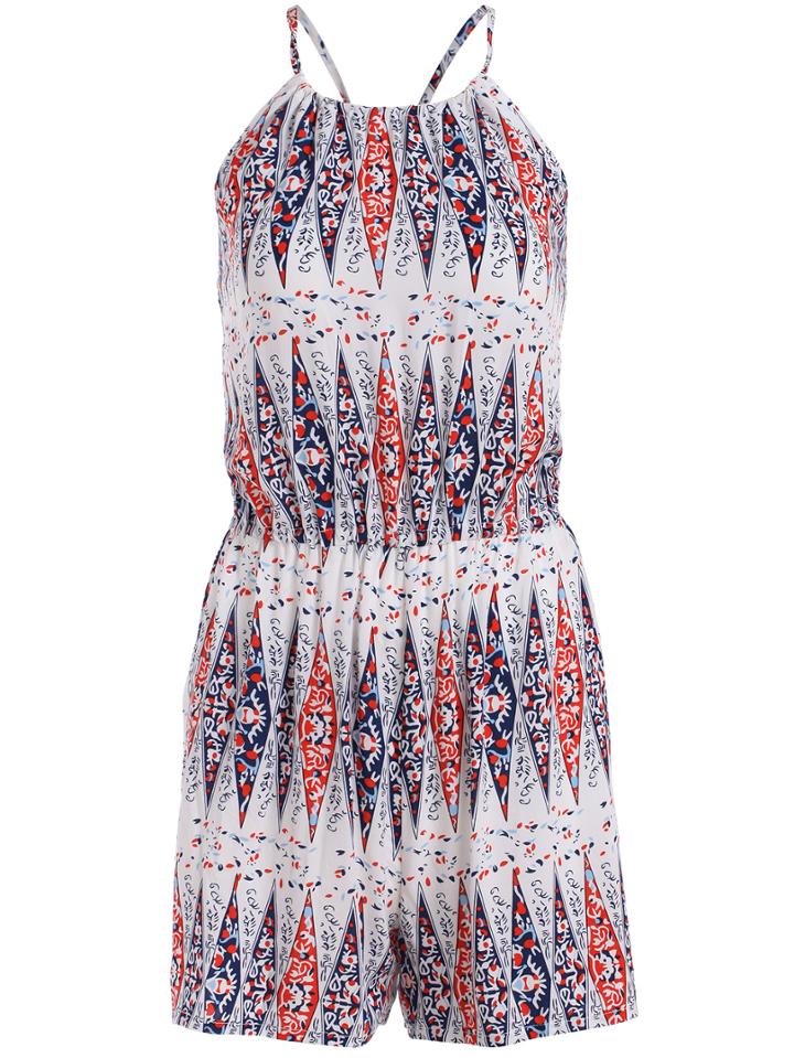 Romwe Halter Backless Abstract Print Romper
