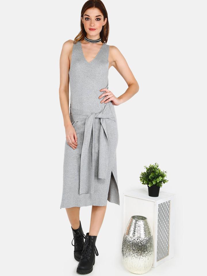 Romwe Rib Knit Waist Tie Dress Grey