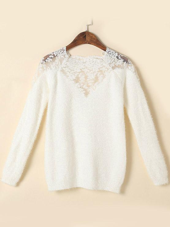 Romwe Lace Insert White Sweater